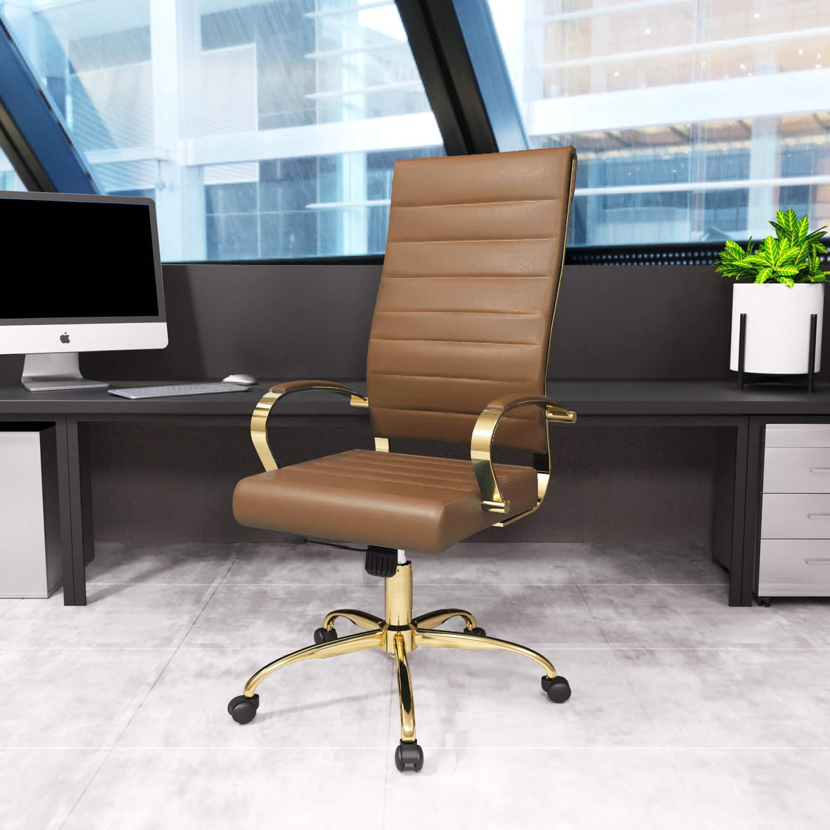 Benmar High-Back Leather Adjustable Office Conference Chair Gold Light Brown Office Chair Leisuremod