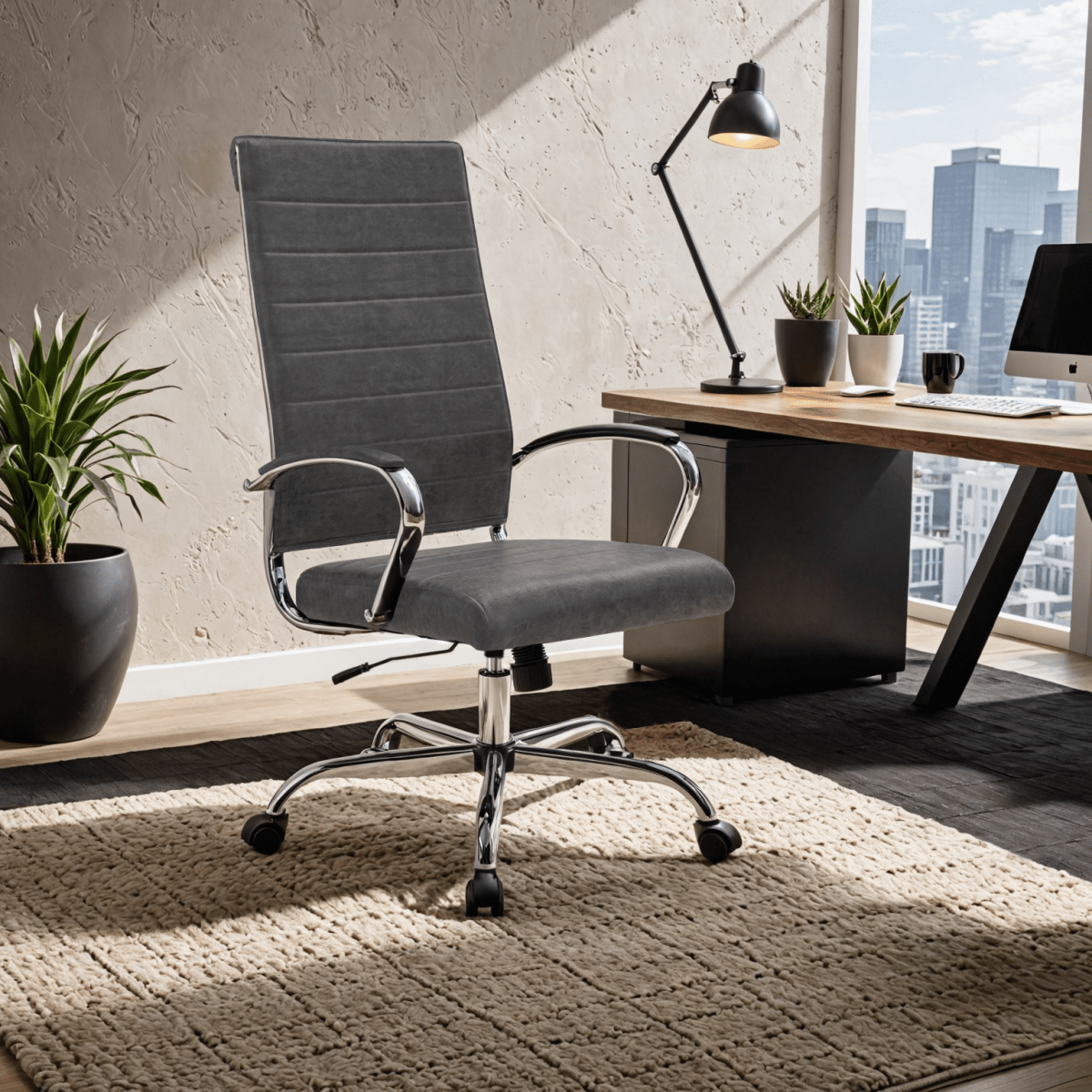 Benmar High-Back Leather Adjustable Office Conference Chair Chrome Charcoal Office Chair Leisuremod