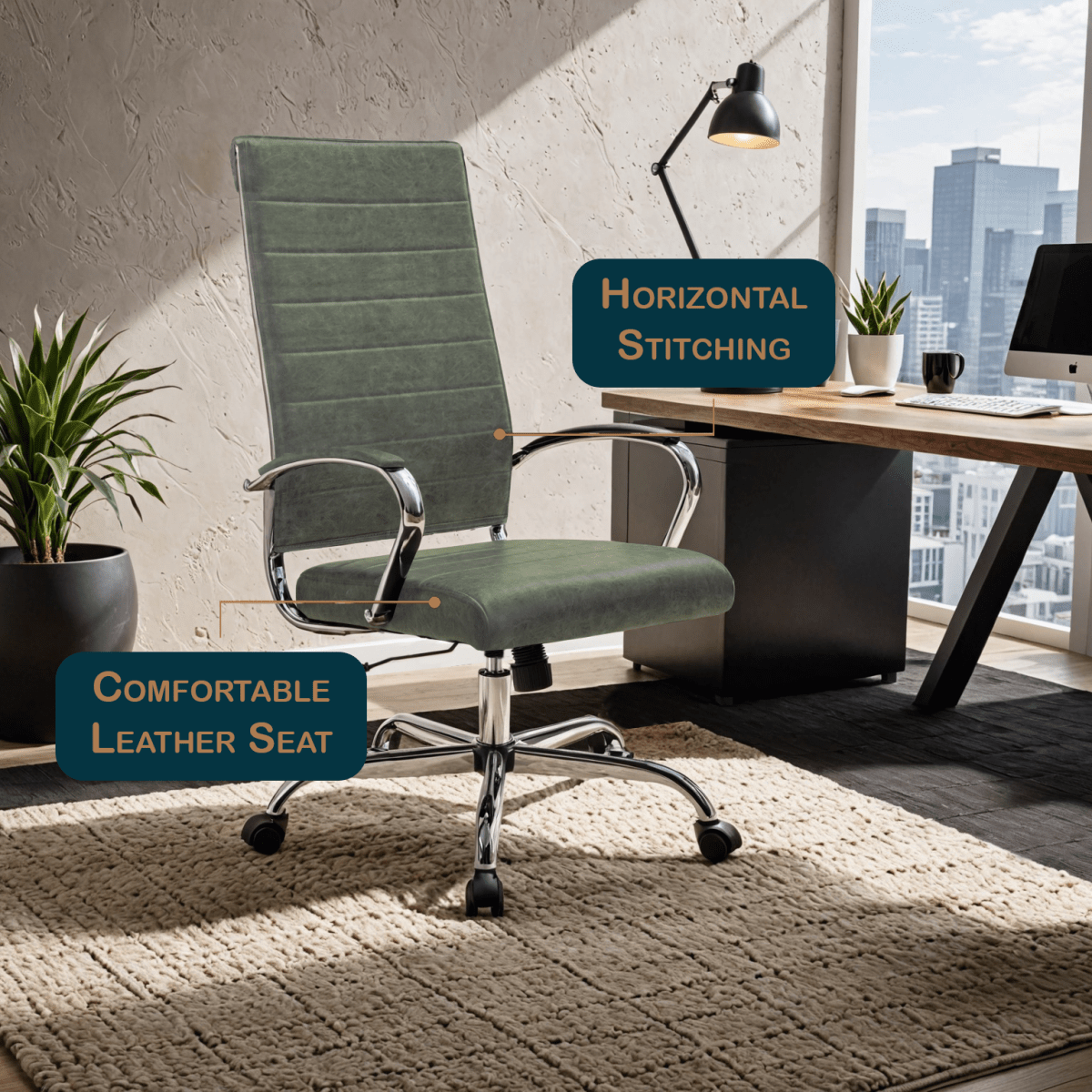 Benmar High-Back Leather Adjustable Office Conference Chair Chrome Green Office Chair Leisuremod