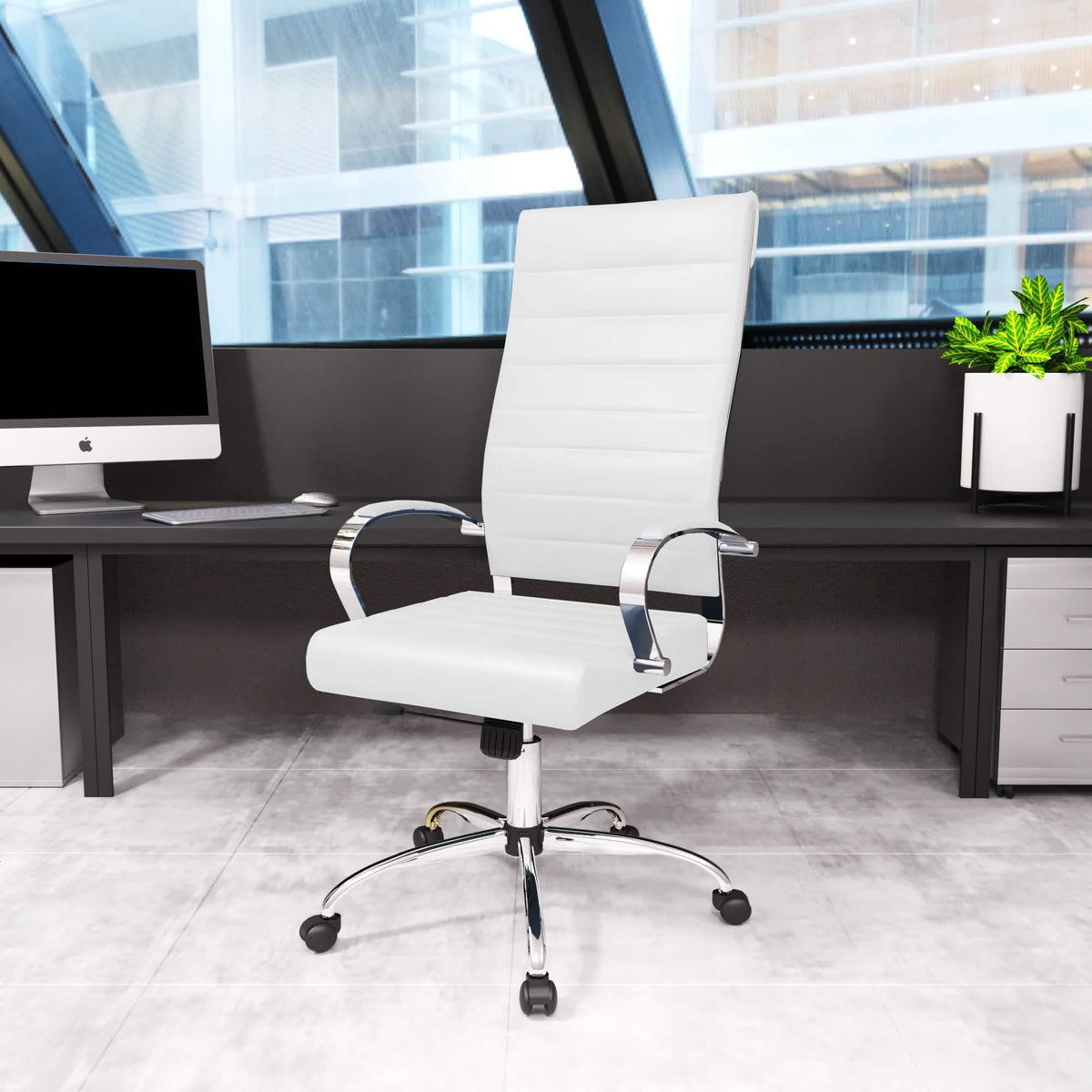 Benmar High-Back Leather Adjustable Office Conference Chair Chrome White Office Chair Leisuremod