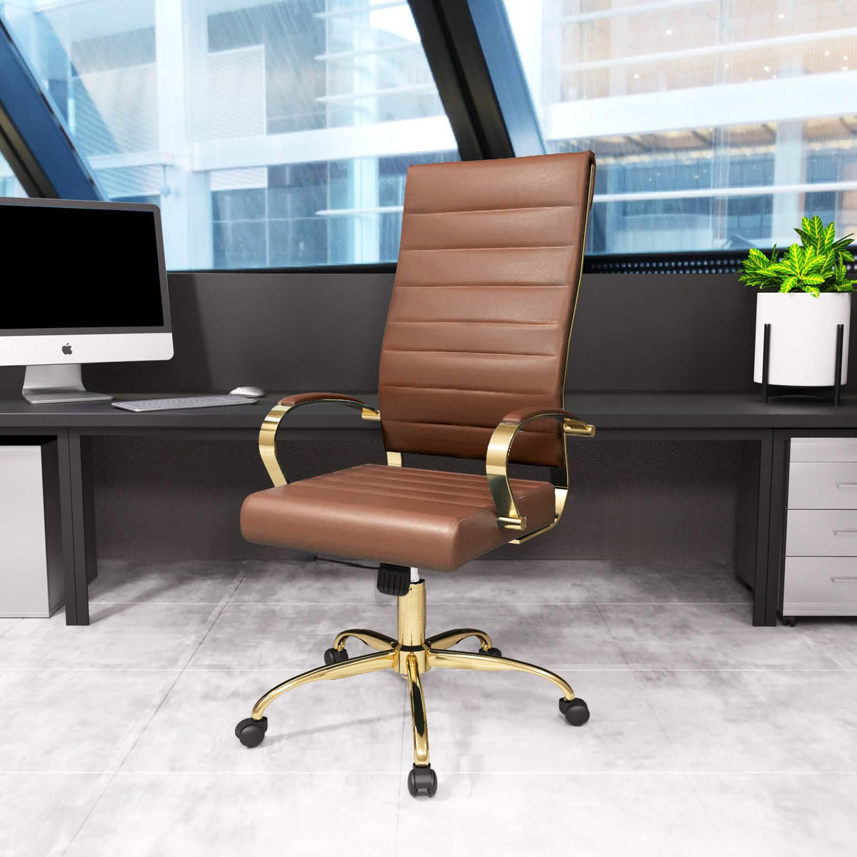 Benmar High-Back Leather Adjustable Office Conference Chair Gold Brown Office Chair Leisuremod