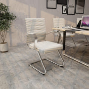Benmar Mid-Back Office Conference Chair Upholstered in Leather with Stainless Steel Sled Base Tan Office Chair Leisuremod