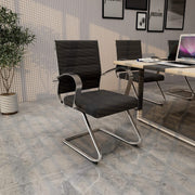 Benmar Mid-Back Office Conference Chair Upholstered in Leather with Stainless Steel Sled Base Black Office Chair Leisuremod
