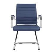 Benmar Mid-Back Office Conference Chair Upholstered in Leather with Stainless Steel Sled Base Navy Blue Office Chair Leisuremod