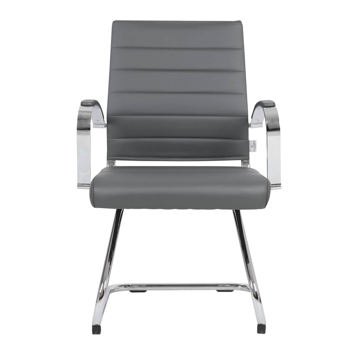 Benmar Mid-Back Office Conference Chair Upholstered in Leather with Stainless Steel Sled Base Grey Office Chair Leisuremod