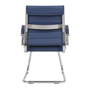 Benmar Mid-Back Office Conference Chair Upholstered in Leather with Stainless Steel Sled Base Navy Blue Office Chair Leisuremod