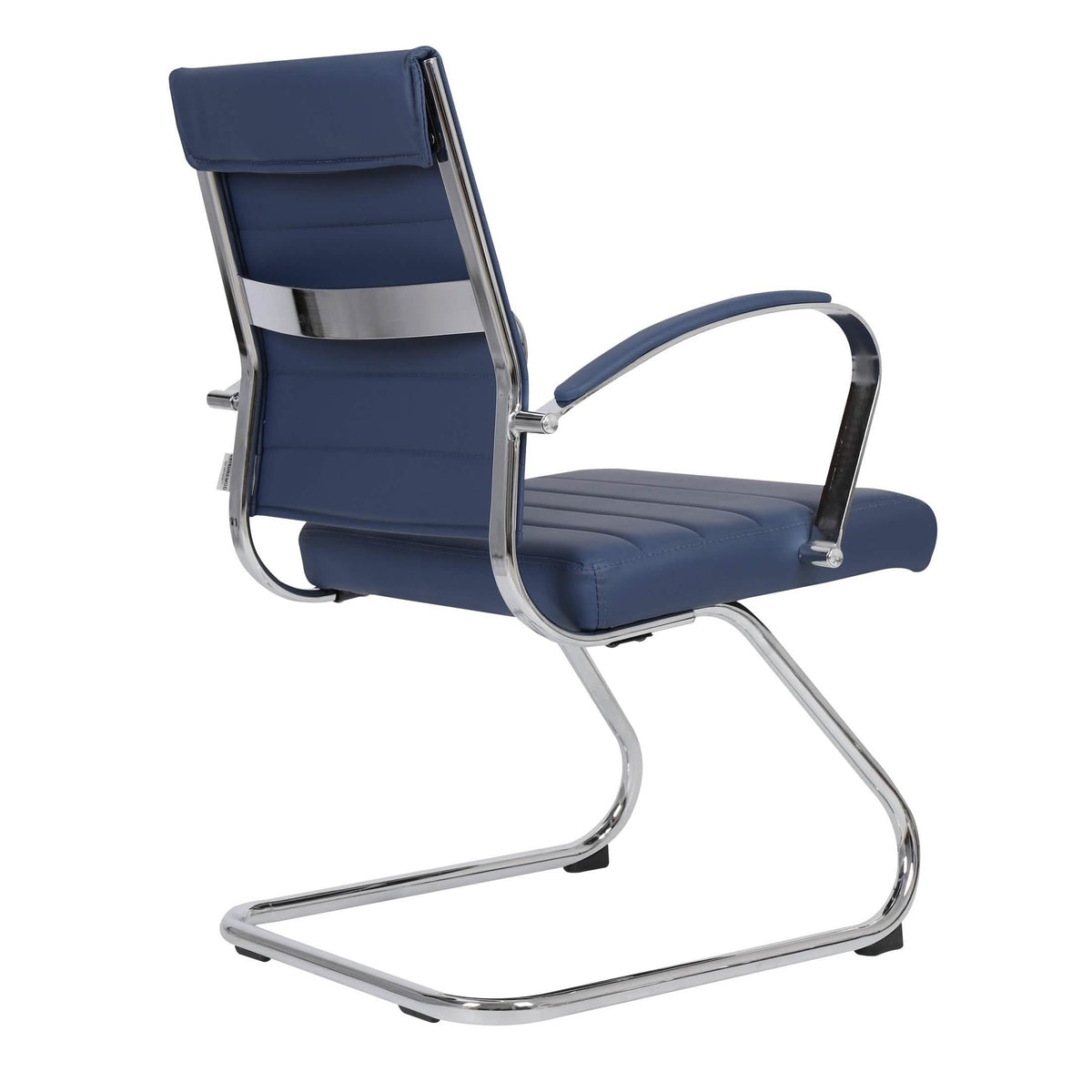 Benmar Mid-Back Office Conference Chair Upholstered in Leather with Stainless Steel Sled Base Navy Blue Office Chair Leisuremod