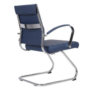 Benmar Mid-Back Office Conference Chair Upholstered in Leather with Stainless Steel Sled Base Navy Blue Office Chair Leisuremod