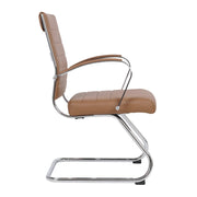 Benmar Mid-Back Office Conference Chair Upholstered in Leather with Stainless Steel Sled Base Light Brown Office Chair Leisuremod