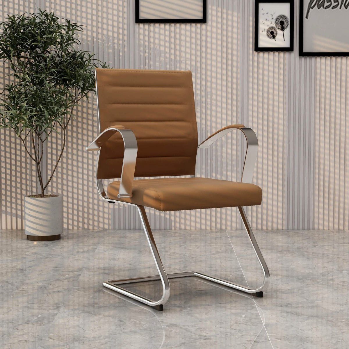 Benmar Mid-Back Office Conference Chair Upholstered in Leather with Stainless Steel Sled Base Light Brown Office Chair Leisuremod