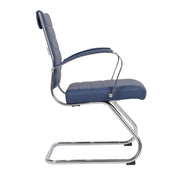 Benmar Mid-Back Office Conference Chair Upholstered in Leather with Stainless Steel Sled Base Navy Blue Office Chair Leisuremod