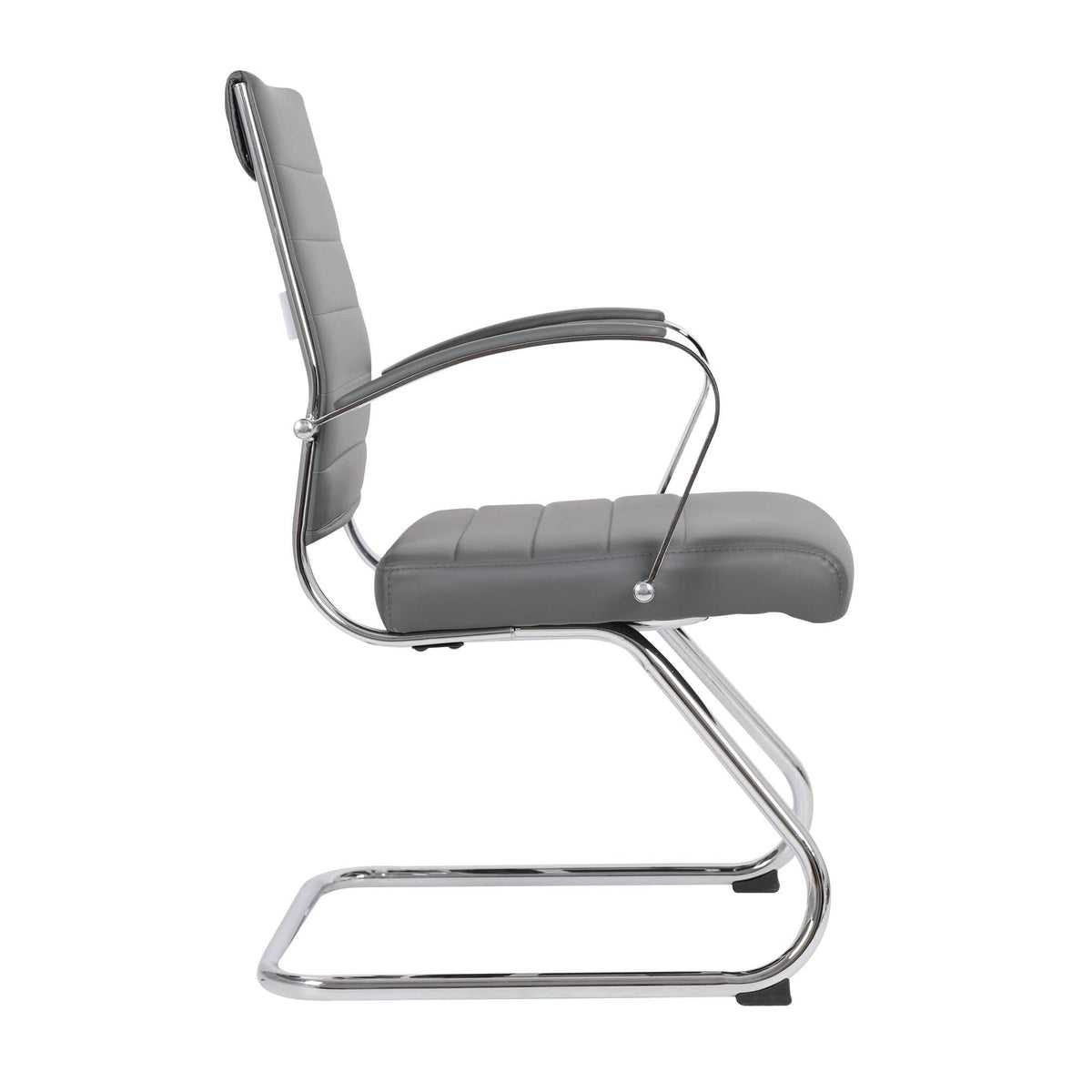 Benmar Mid-Back Office Conference Chair Upholstered in Leather with Stainless Steel Sled Base Grey Office Chair Leisuremod