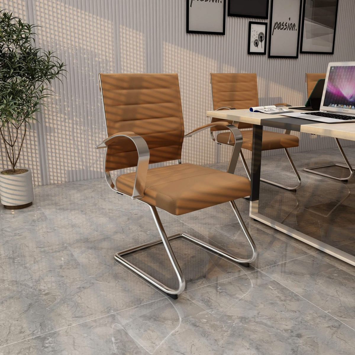 Benmar Mid-Back Office Conference Chair Upholstered in Leather with Stainless Steel Sled Base Light Brown Office Chair Leisuremod