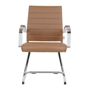 Benmar Mid-Back Office Conference Chair Upholstered in Leather with Stainless Steel Sled Base Light Brown Office Chair Leisuremod
