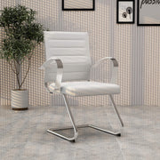 Benmar Mid-Back Office Conference Chair Upholstered in Leather with Stainless Steel Sled Base White Office Chair Leisuremod
