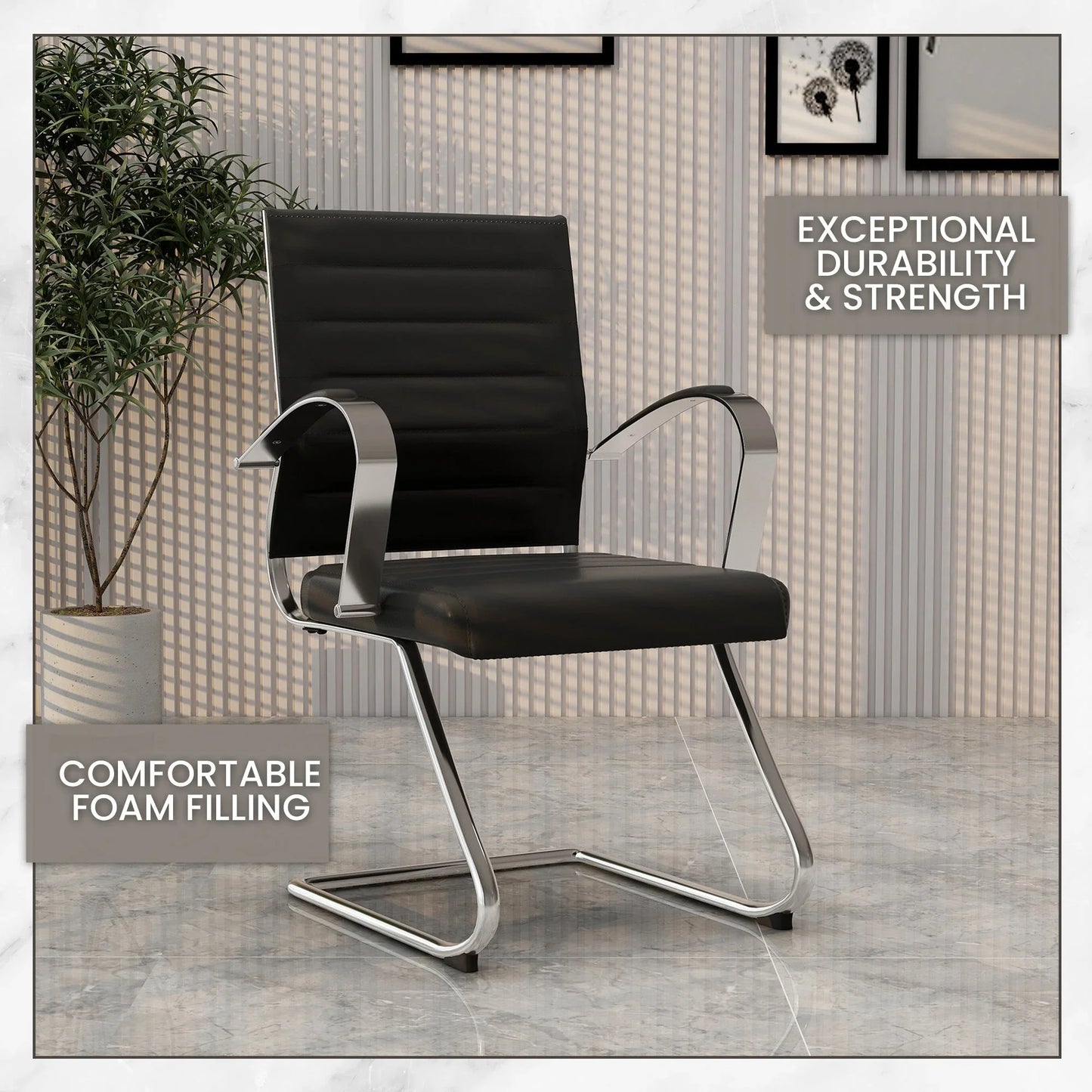 Benmar Mid-Back Office Conference Chair Upholstered in Leather with Stainless Steel Sled Base - Elax Furniture
