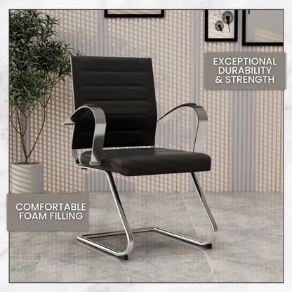 Benmar Mid-Back Office Conference Chair Upholstered in Leather with Stainless Steel Sled Base - Elax Furniture