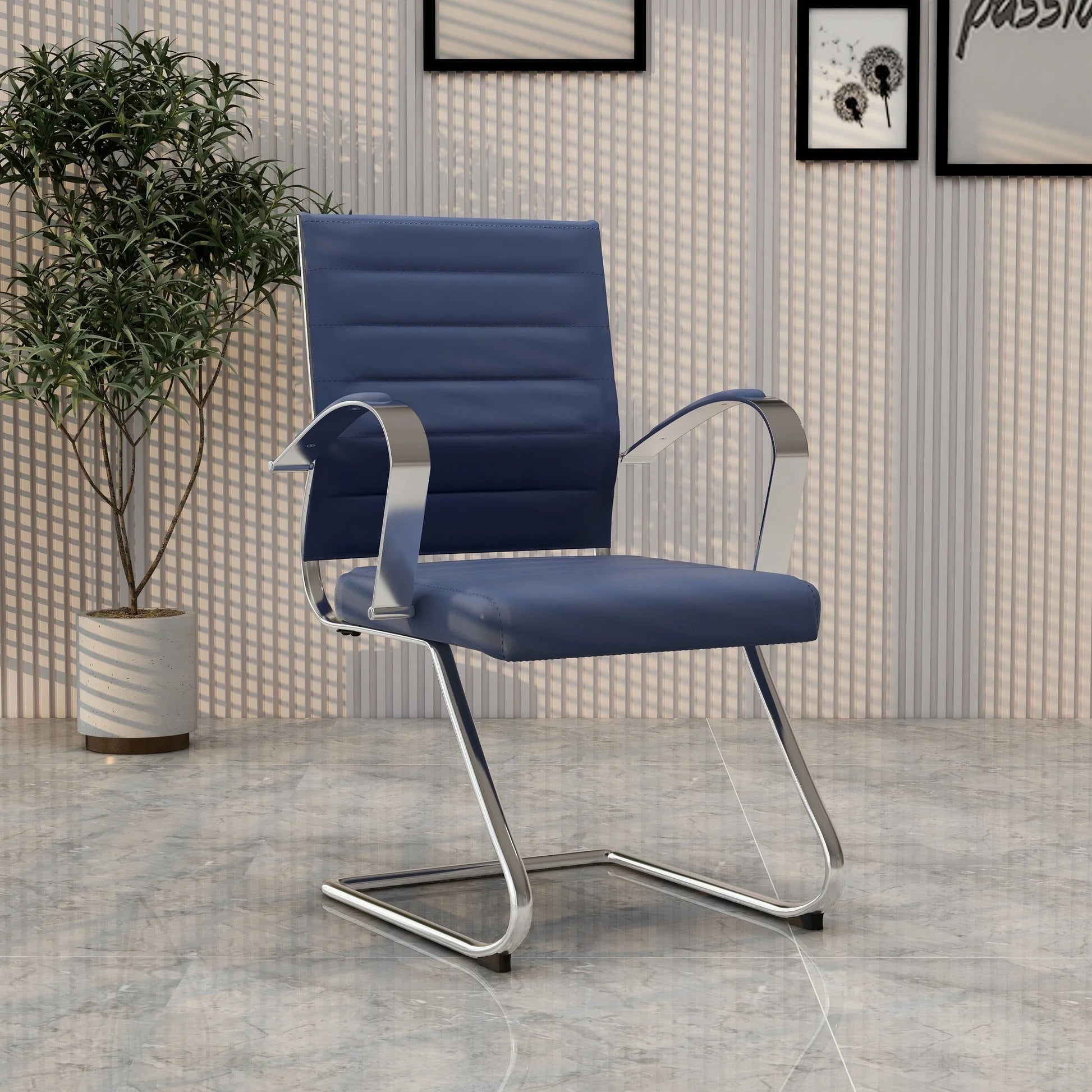 Benmar Mid-Back Office Conference Chair Upholstered in Leather with Stainless Steel Sled Base - Elax Furniture