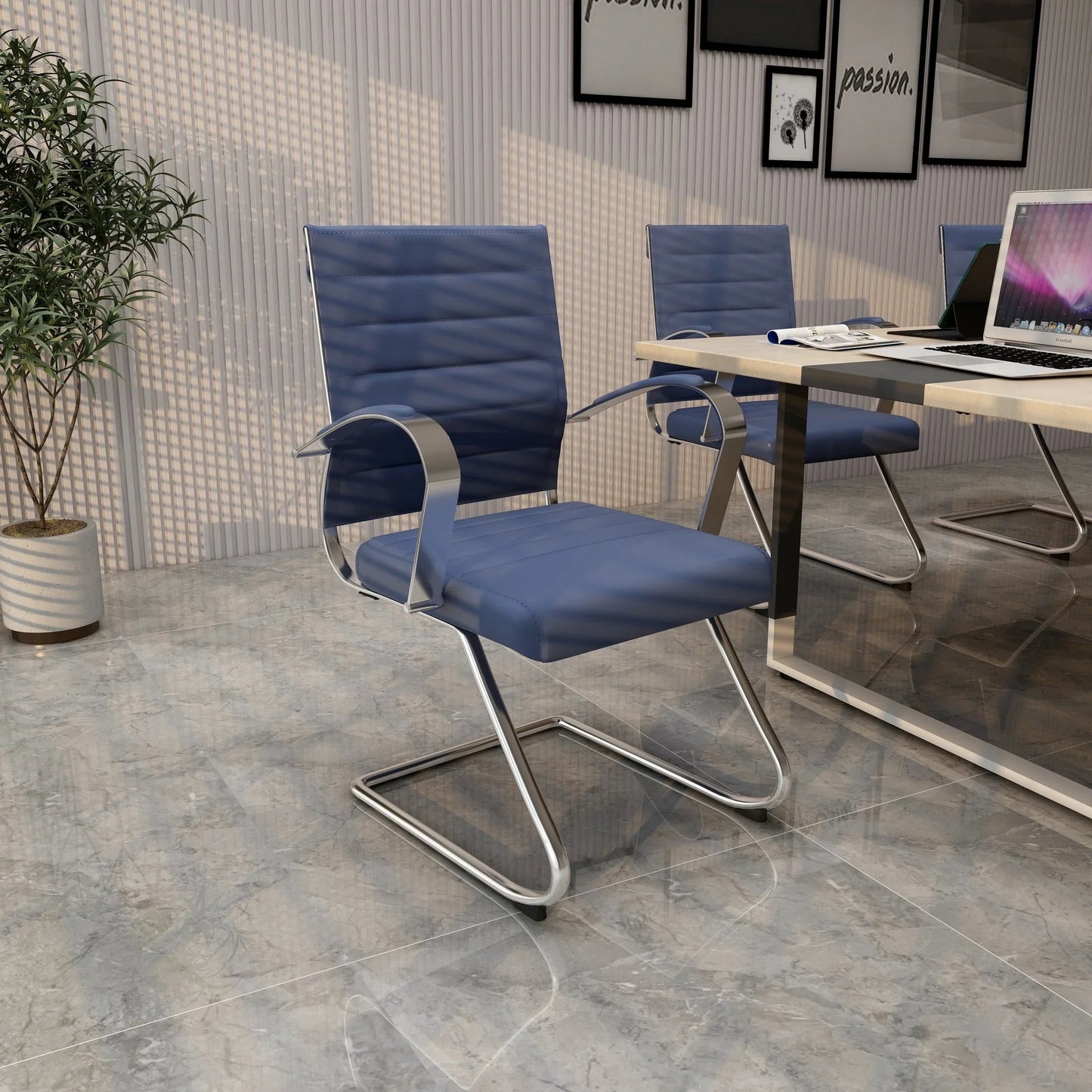 Benmar Mid-Back Office Conference Chair Upholstered in Leather with Stainless Steel Sled Base - Elax Furniture