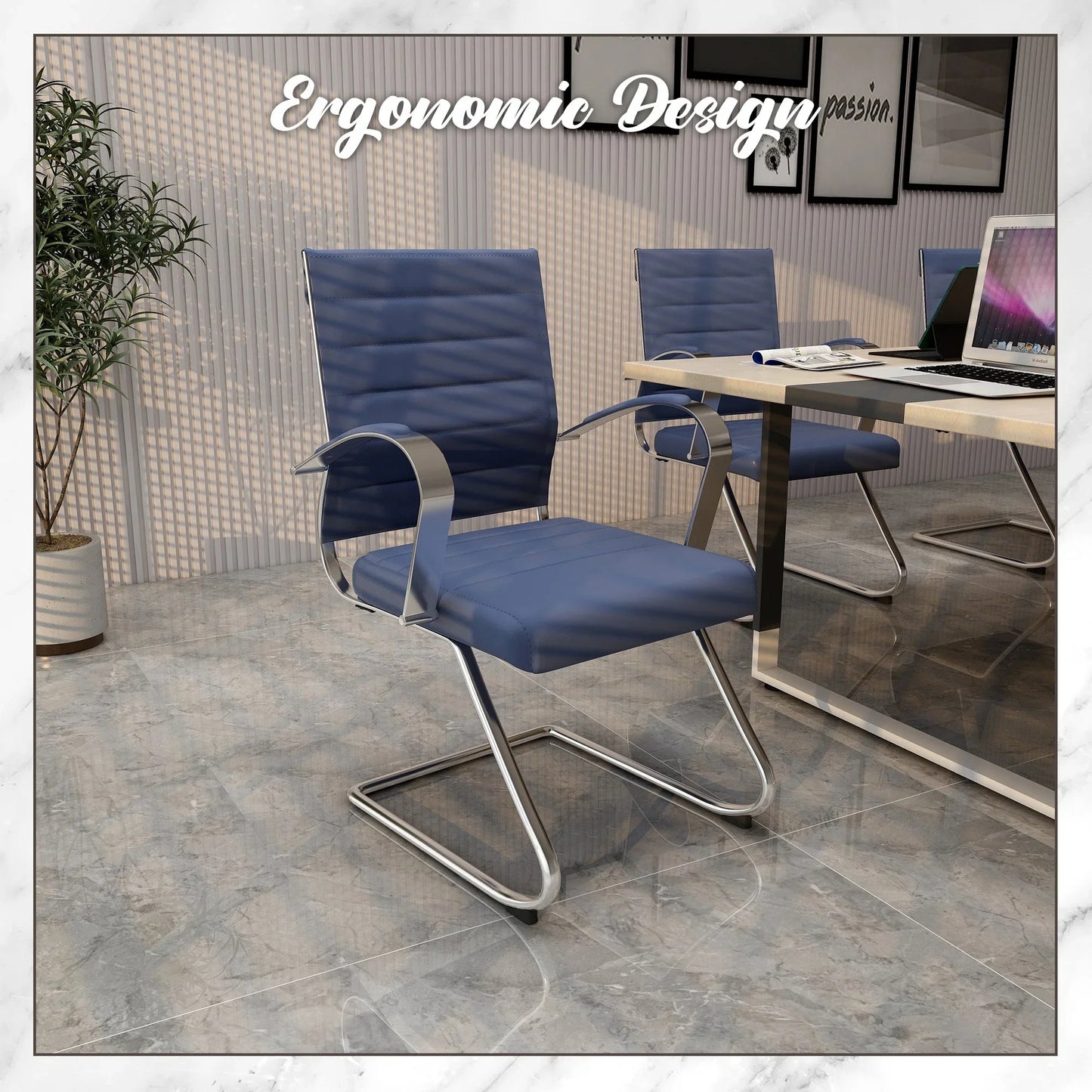 Benmar Mid-Back Office Conference Chair Upholstered in Leather with Stainless Steel Sled Base - Elax Furniture