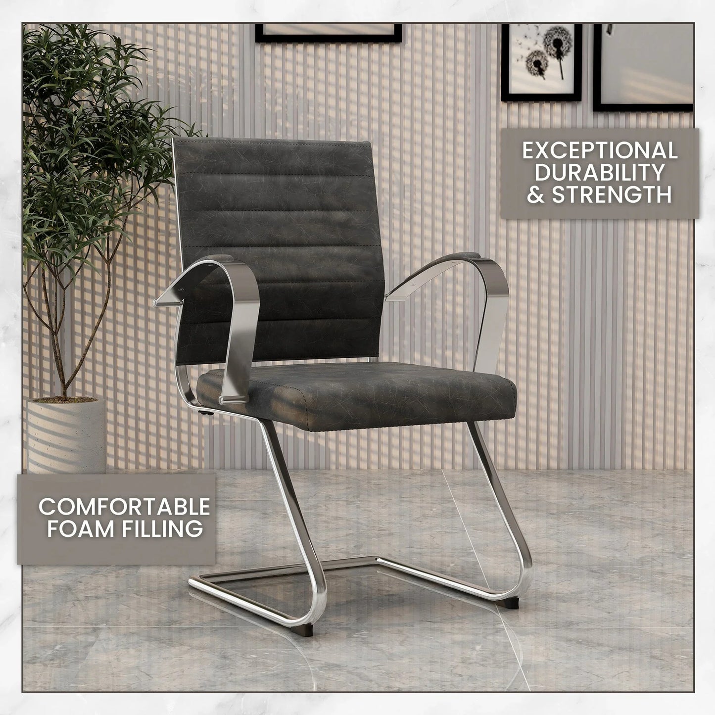 Benmar Mid-Back Office Conference Chair Upholstered in Leather with Stainless Steel Sled Base - Elax Furniture