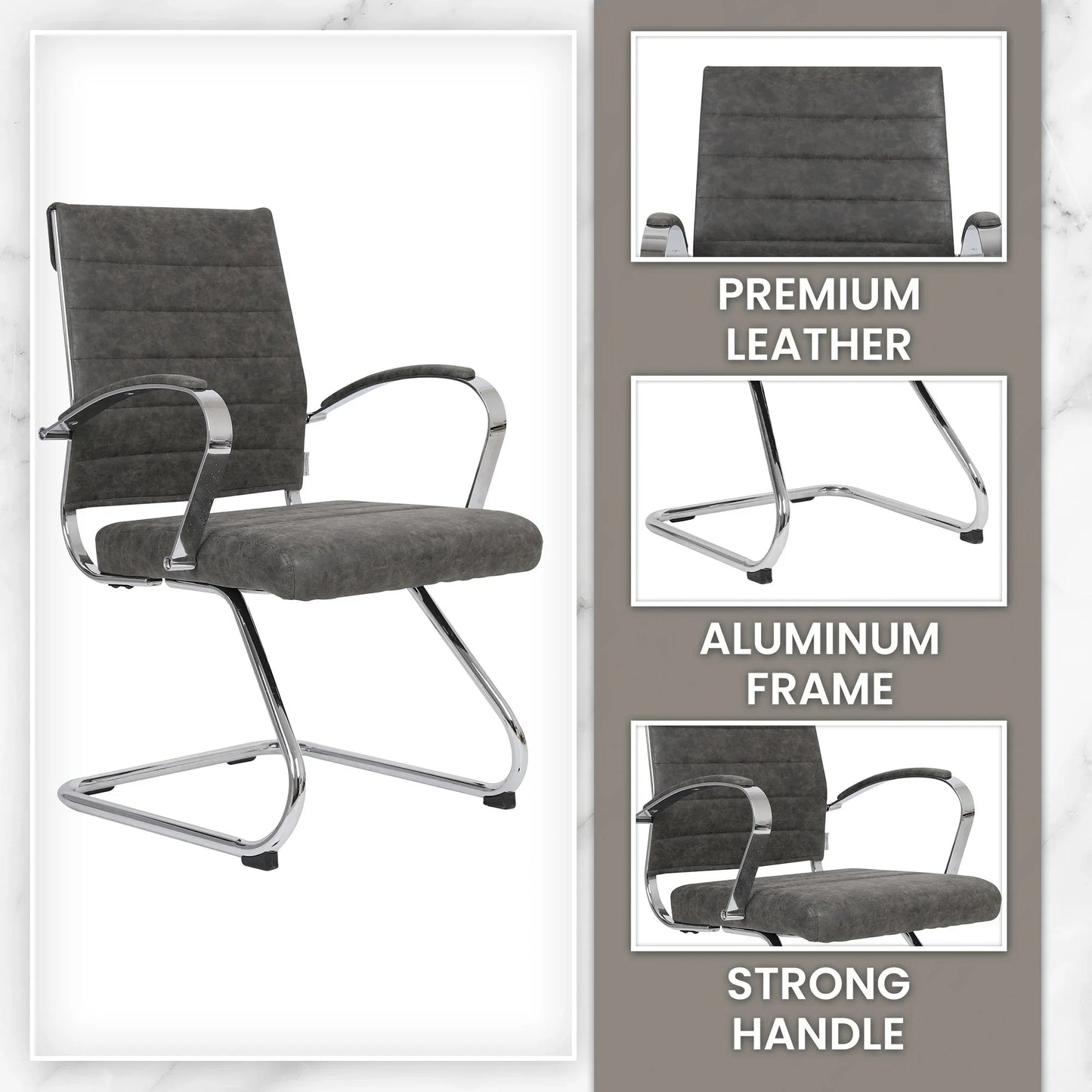 Benmar Mid-Back Office Conference Chair Upholstered in Leather with Stainless Steel Sled Base - Elax Furniture