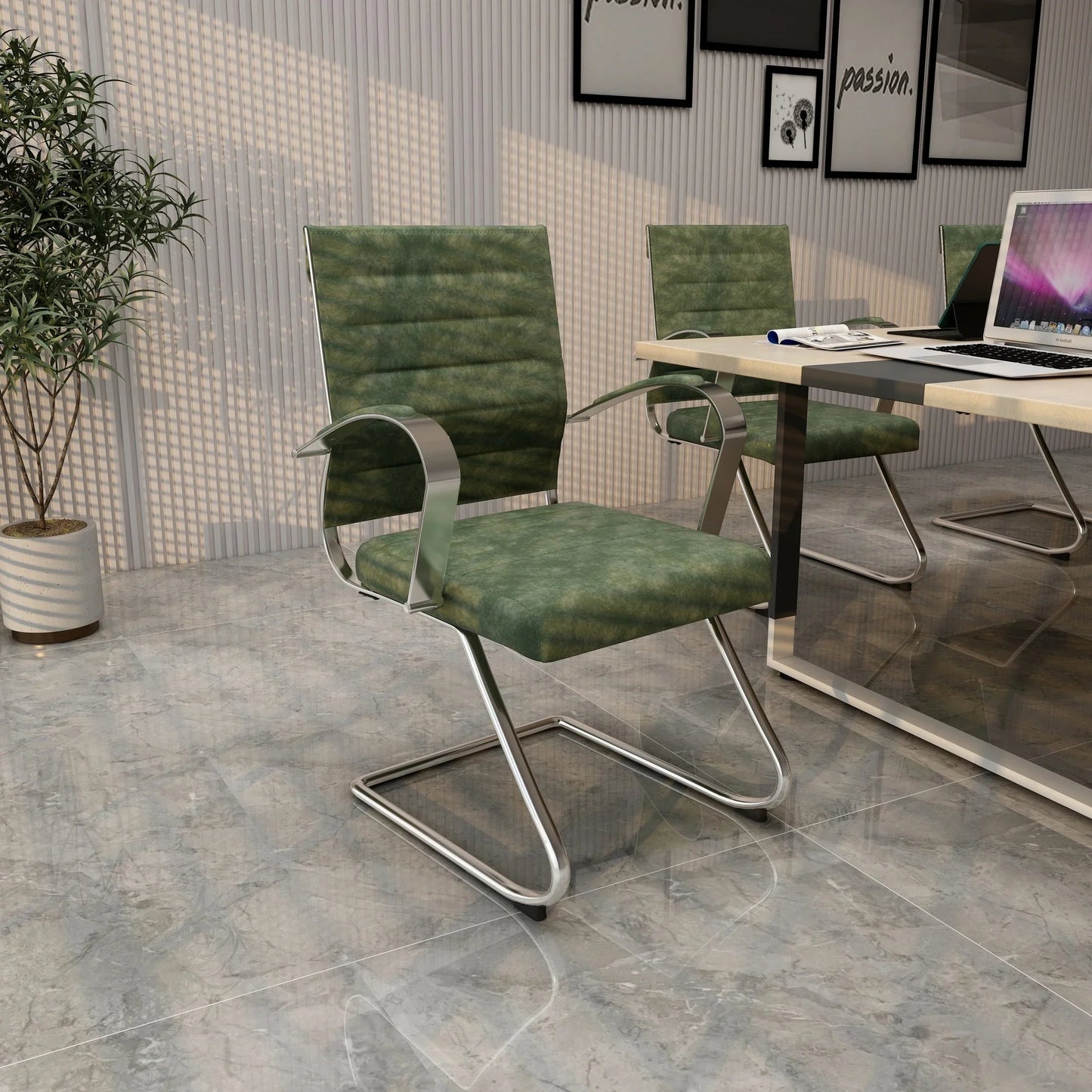 Benmar Mid-Back Office Conference Chair Upholstered in Leather with Stainless Steel Sled Base - Elax Furniture