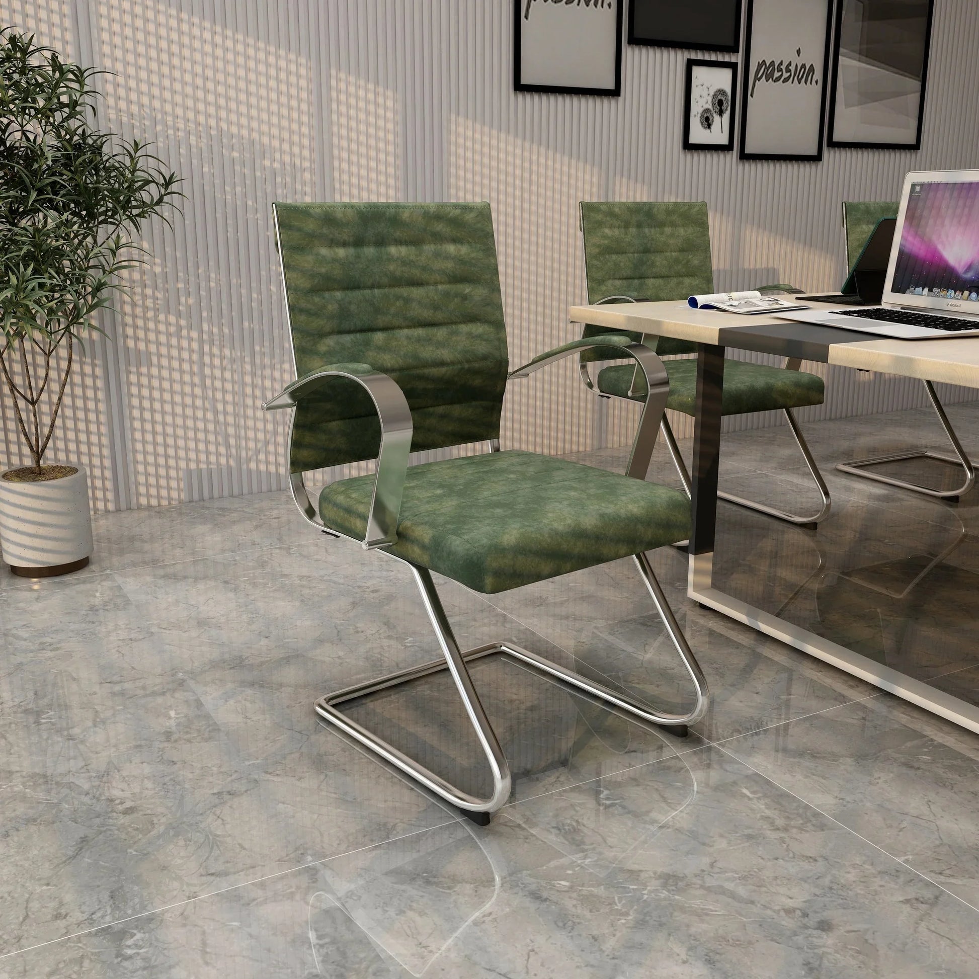 Benmar Mid-Back Office Conference Chair Upholstered in Leather with Stainless Steel Sled Base - Elax Furniture