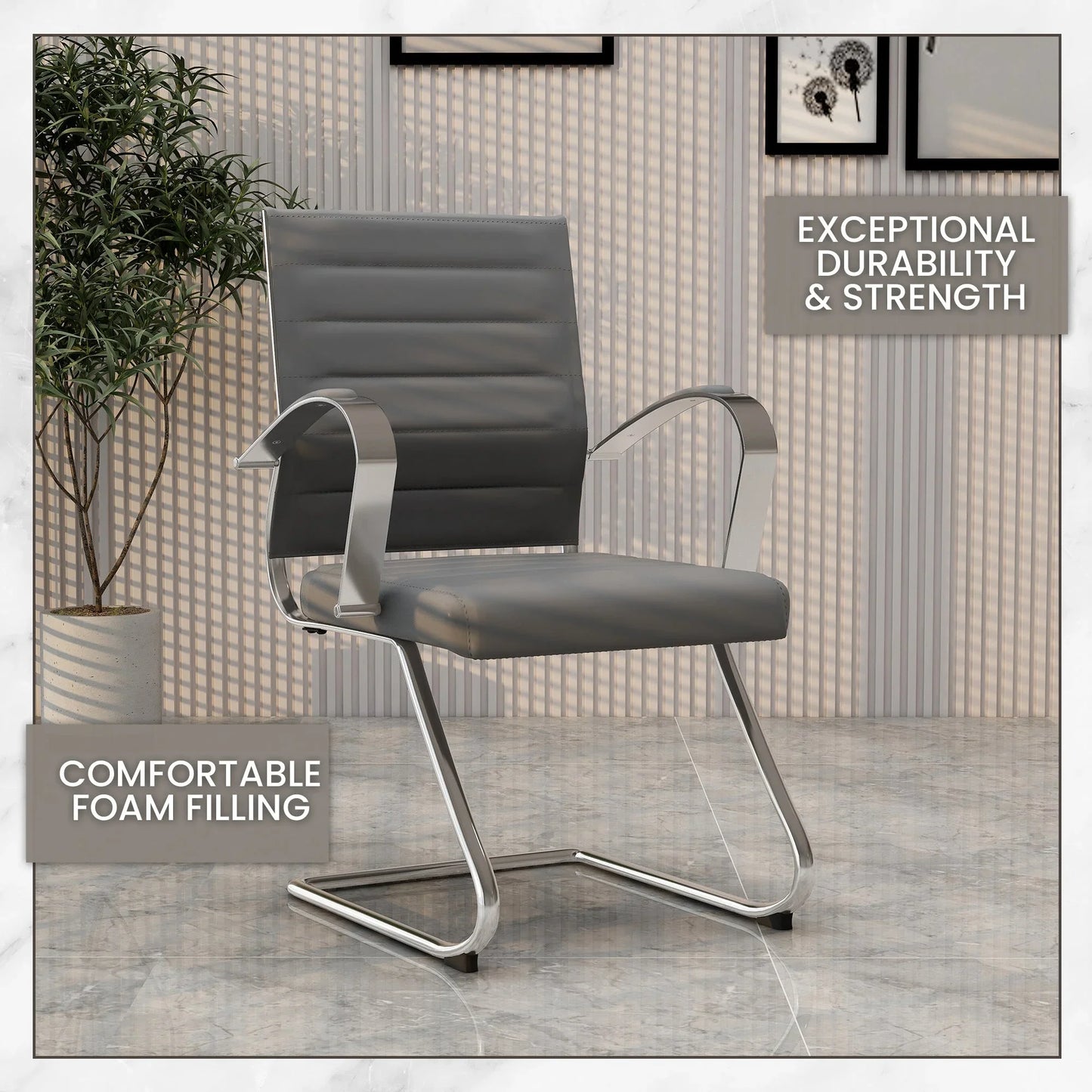 Benmar Mid-Back Office Conference Chair Upholstered in Leather with Stainless Steel Sled Base - Elax Furniture