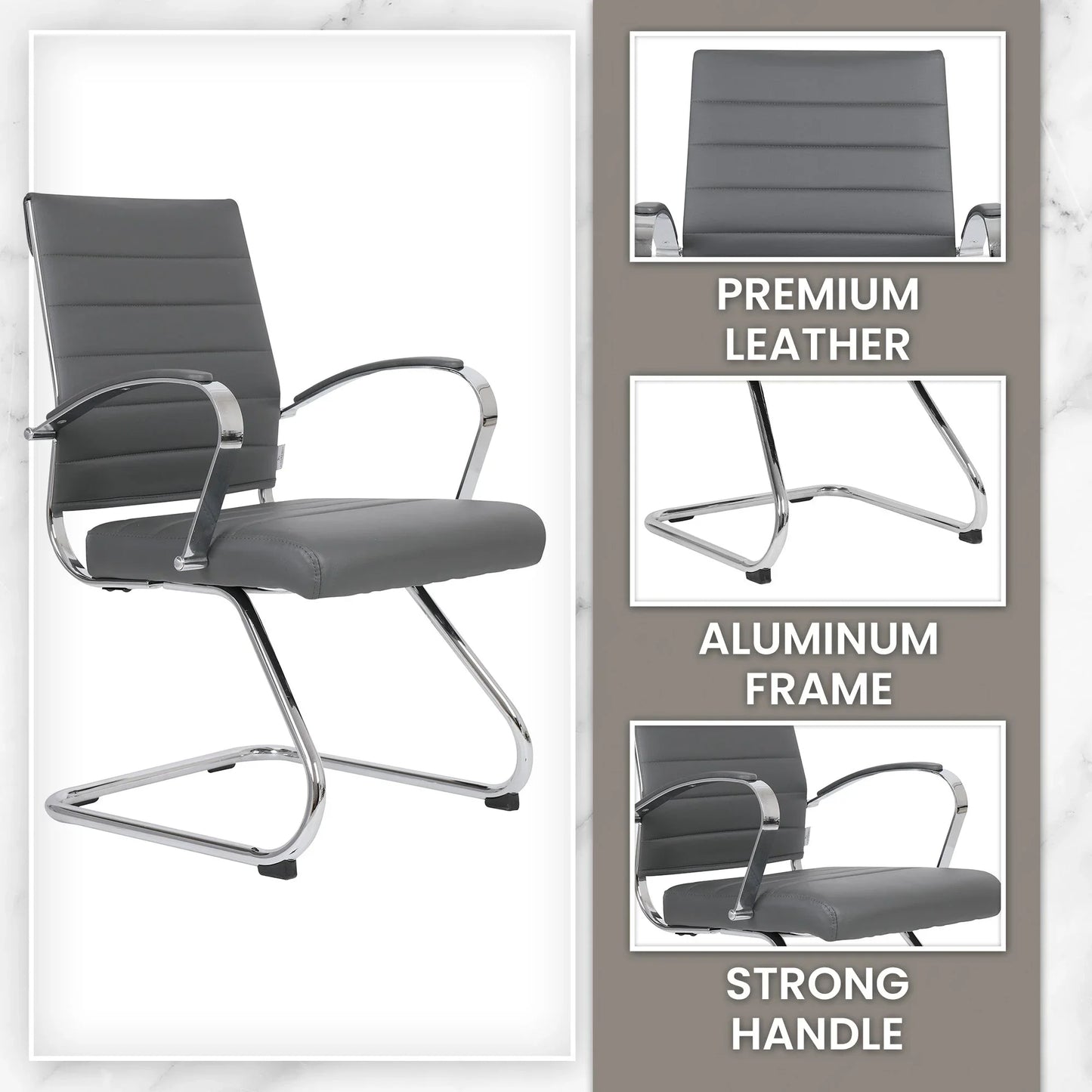 Benmar Mid-Back Office Conference Chair Upholstered in Leather with Stainless Steel Sled Base - Elax Furniture