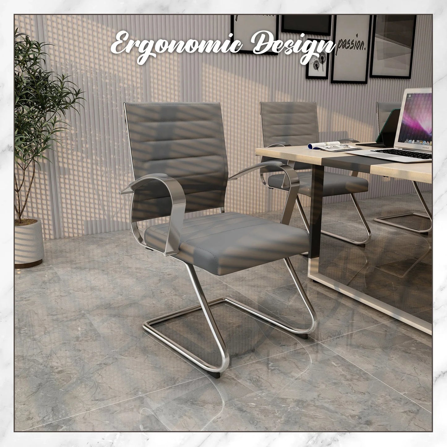 Benmar Mid-Back Office Conference Chair Upholstered in Leather with Stainless Steel Sled Base - Elax Furniture