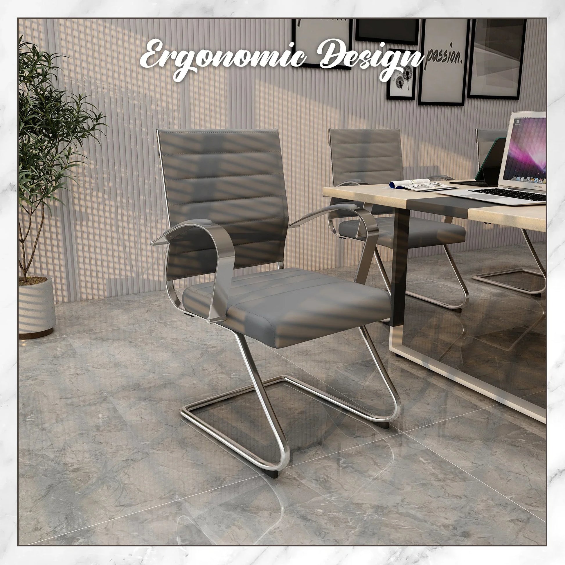 Benmar Mid-Back Office Conference Chair Upholstered in Leather with Stainless Steel Sled Base - Elax Furniture