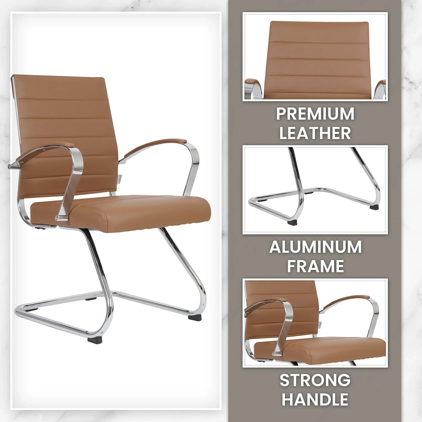Benmar Mid-Back Office Conference Chair Upholstered in Leather with Stainless Steel Sled Base - Elax Furniture