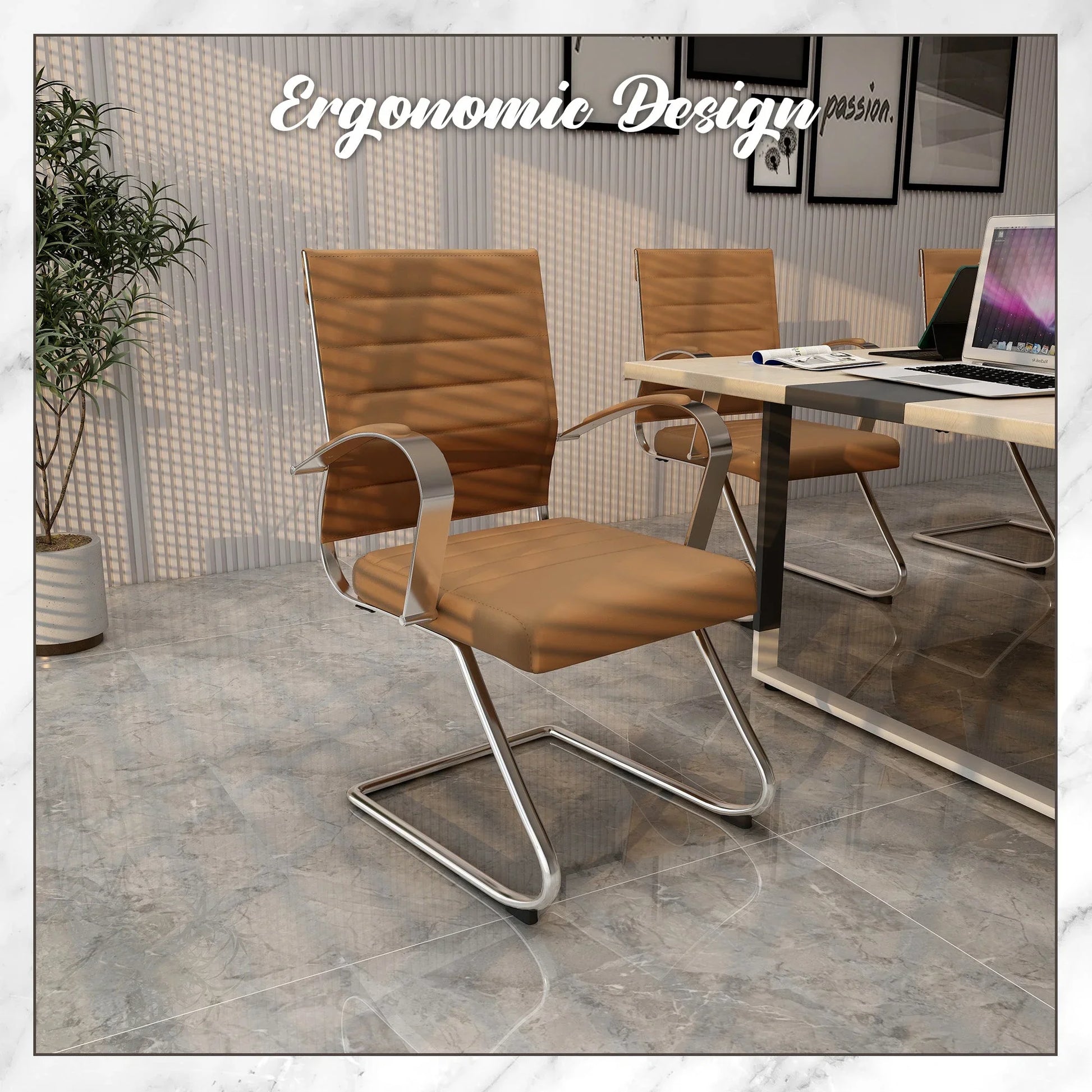 Benmar Mid-Back Office Conference Chair Upholstered in Leather with Stainless Steel Sled Base - Elax Furniture