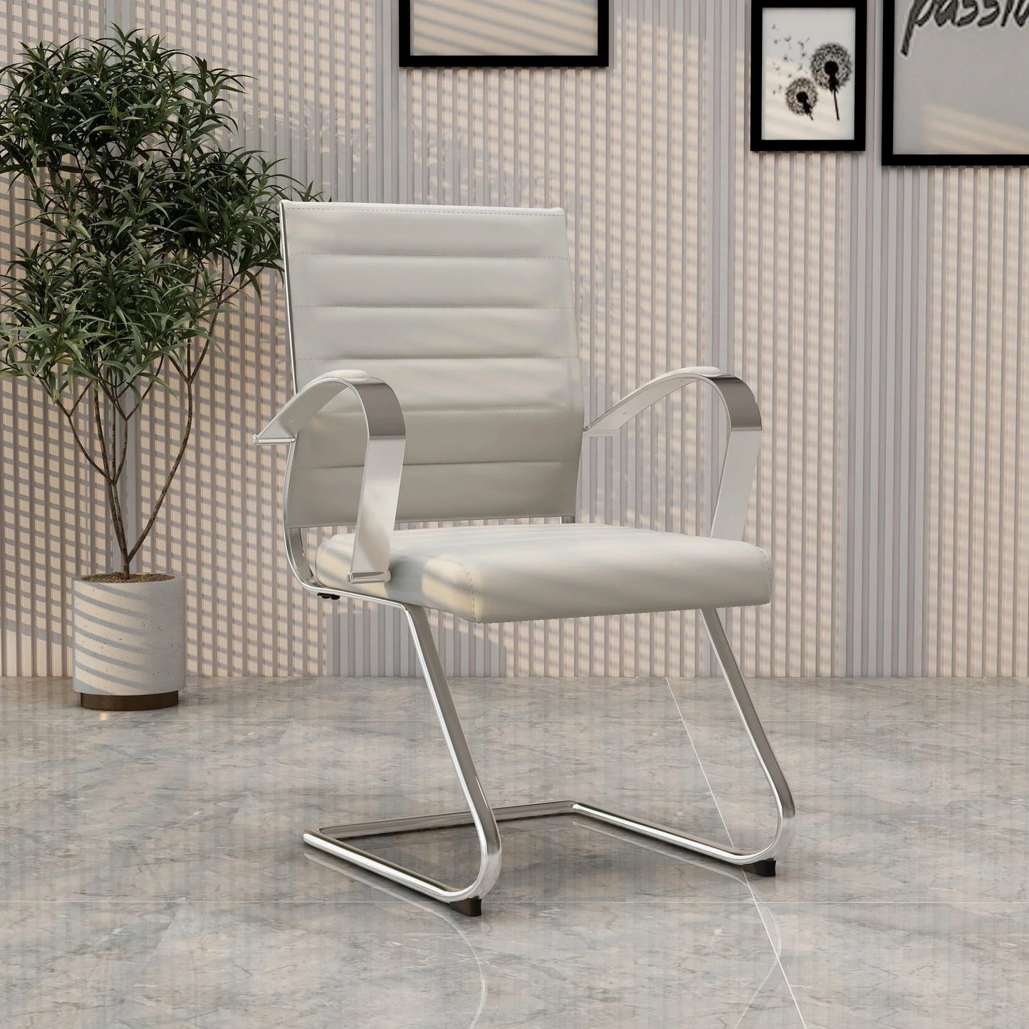 Benmar Mid-Back Office Conference Chair Upholstered in Leather with Stainless Steel Sled Base - Elax Furniture
