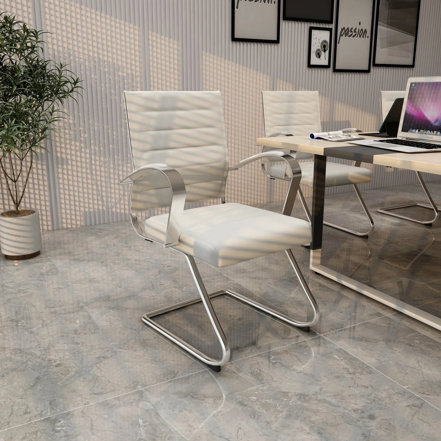 Benmar Mid-Back Office Conference Chair Upholstered in Leather with Stainless Steel Sled Base - Elax Furniture