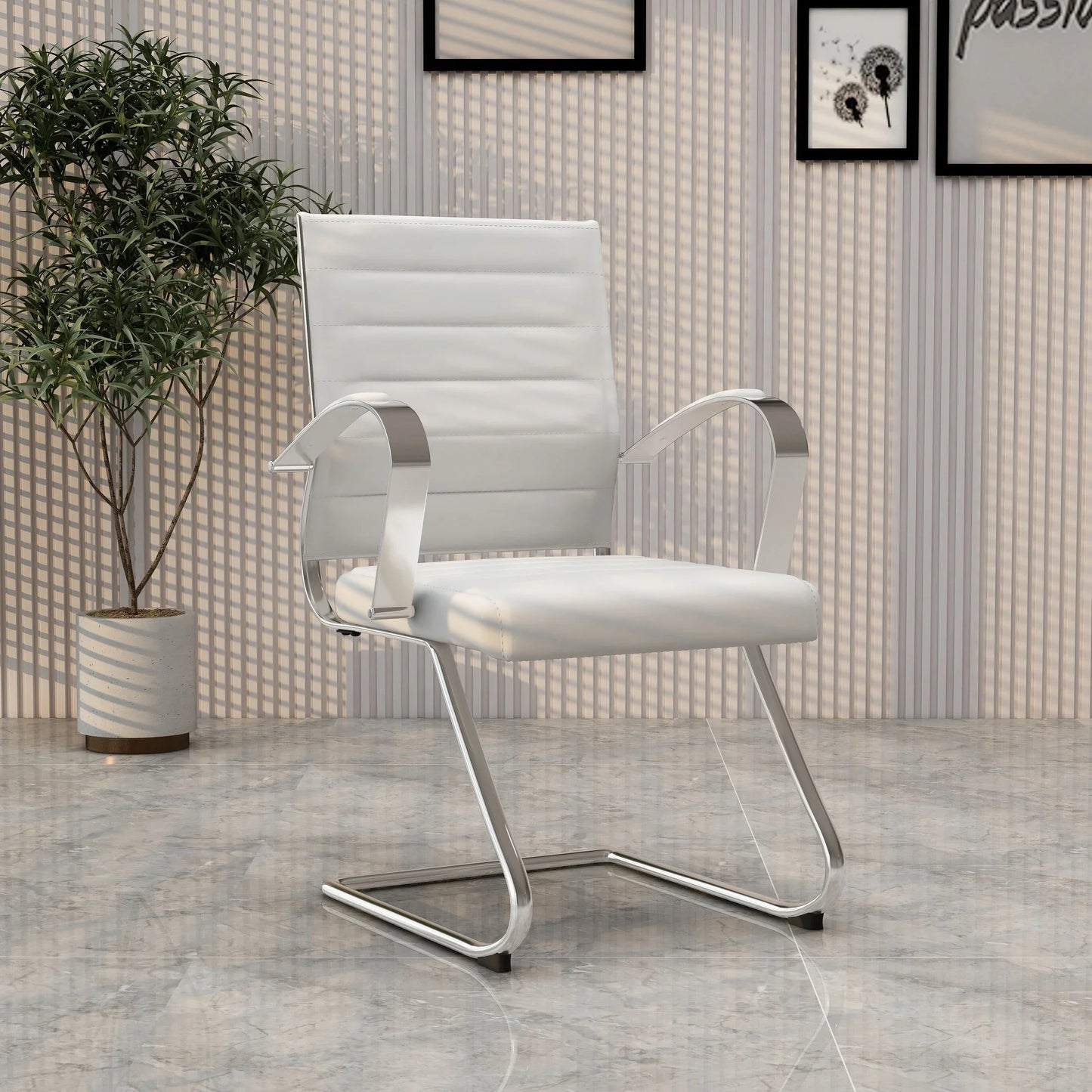 Benmar Mid-Back Office Conference Chair Upholstered in Leather with Stainless Steel Sled Base - Elax Furniture