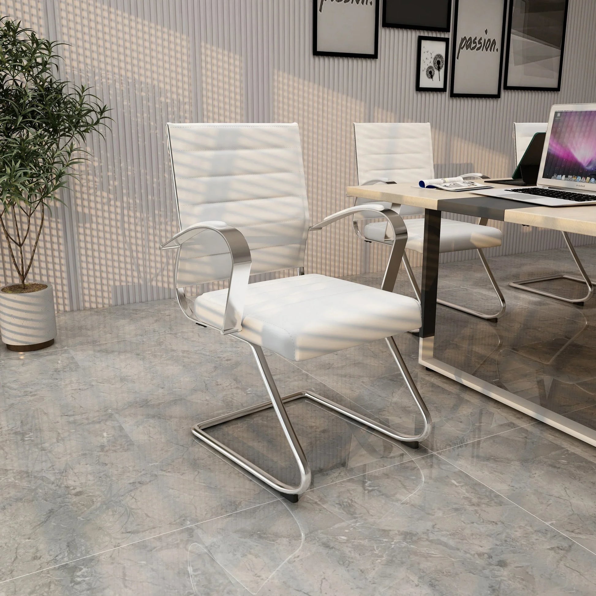 Benmar Mid-Back Office Conference Chair Upholstered in Leather with Stainless Steel Sled Base - Elax Furniture