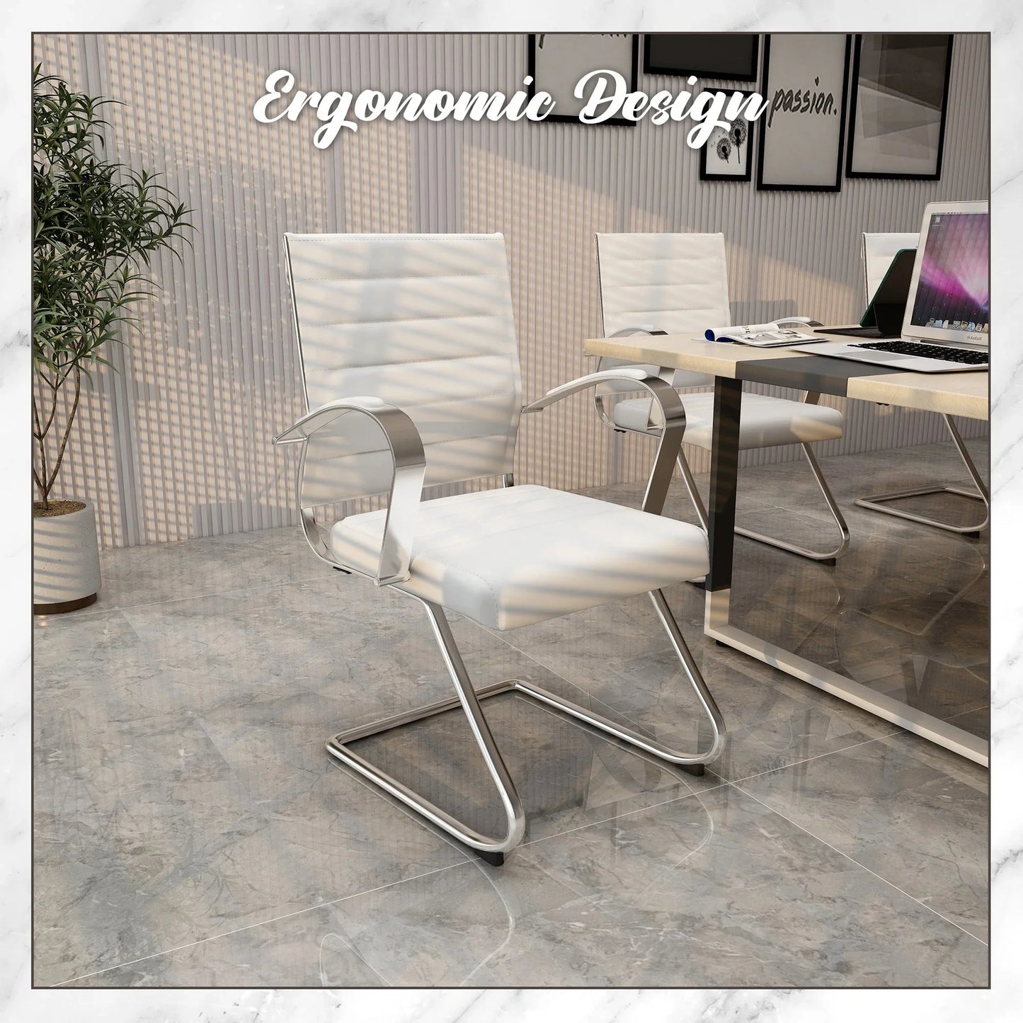 Benmar Mid-Back Office Conference Chair Upholstered in Leather with Stainless Steel Sled Base - Elax Furniture