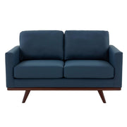 Birch Wood Base Leather/Mesh Loveseat - Chester Collection Leather Navy Blue Sofa Leisuremod