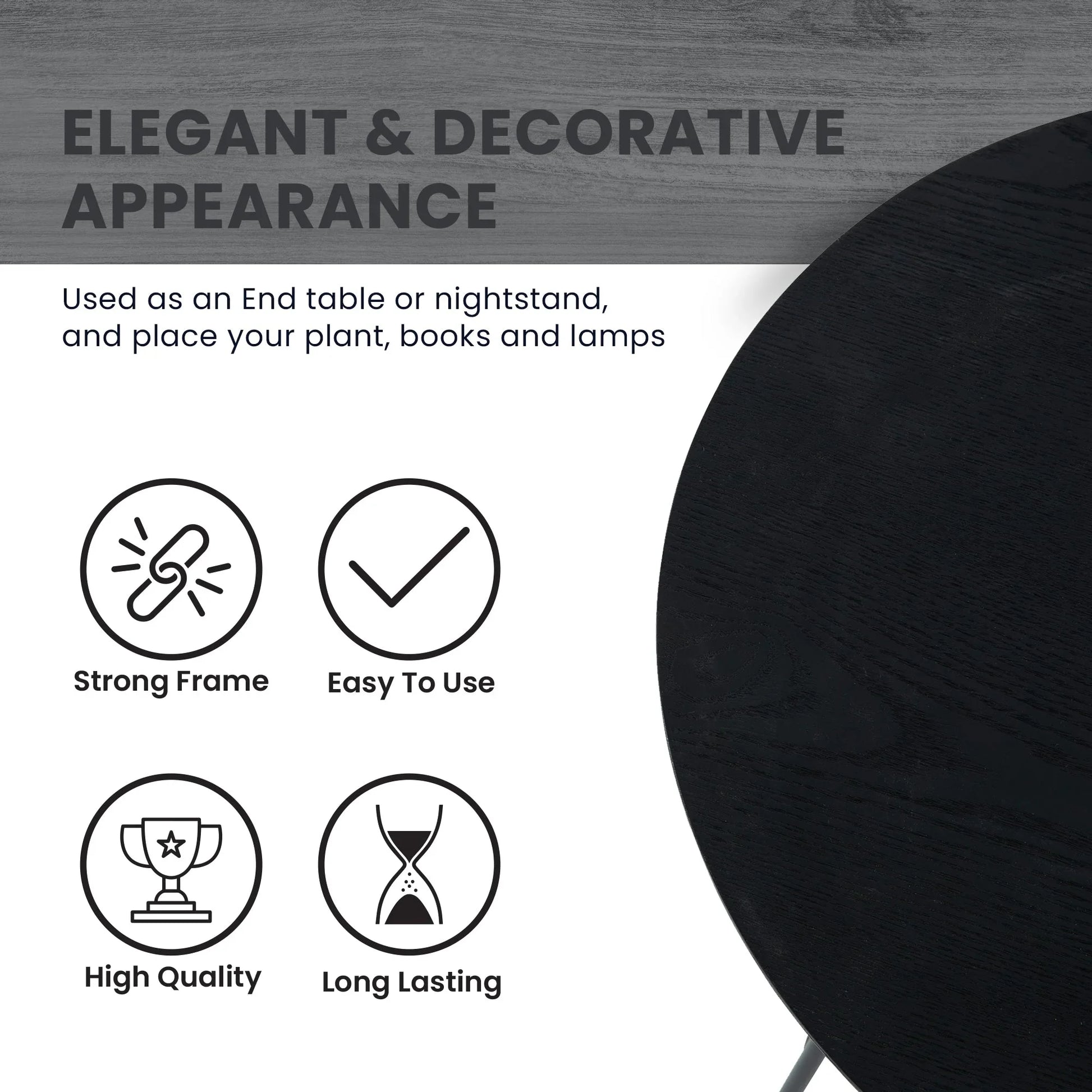 Rossmore Round Side Table with MDF Wood Tabletop in Black Steel - Elax Furniture