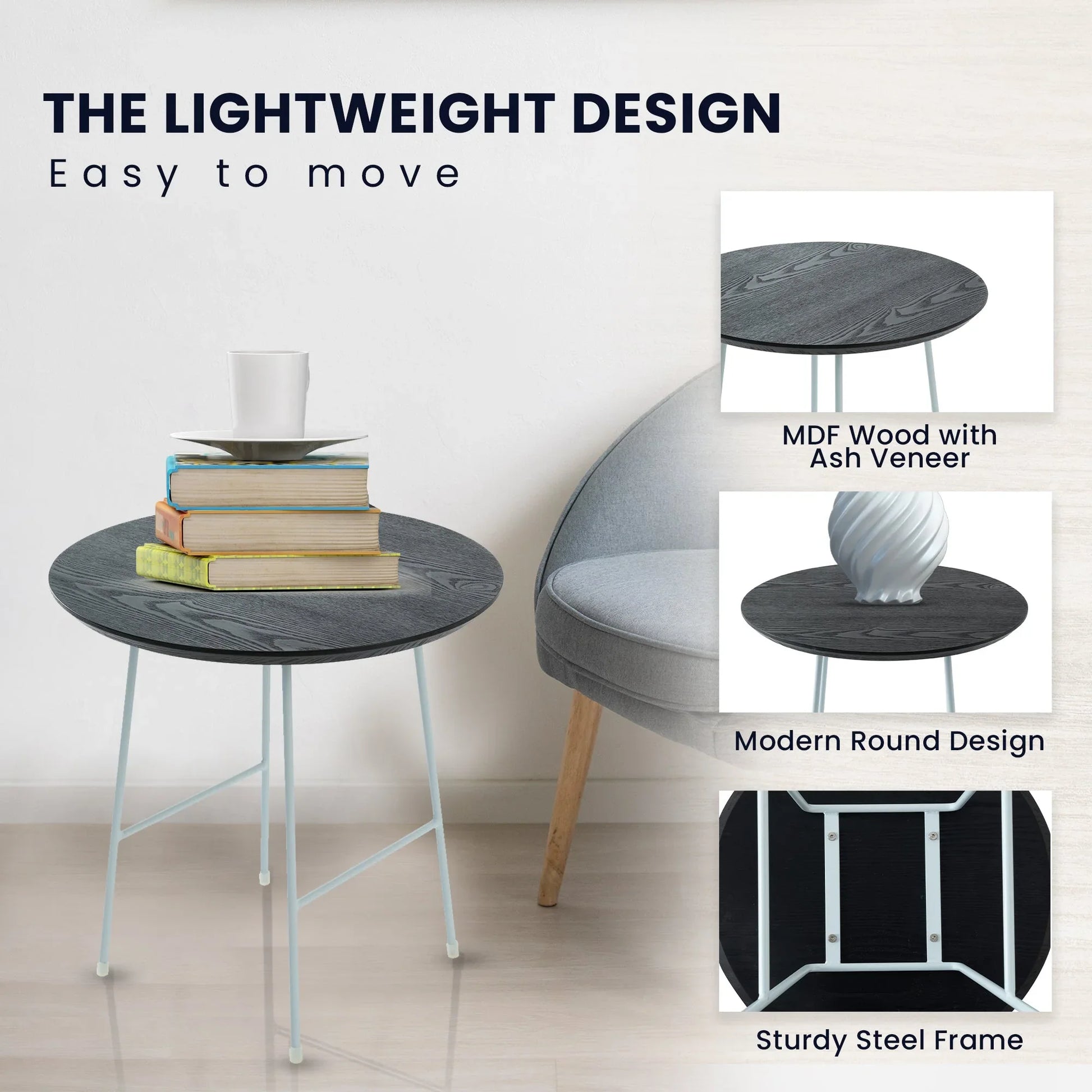 Rossmore Round Side Table with MDF Wood Tabletop in White Steel - Elax Furniture