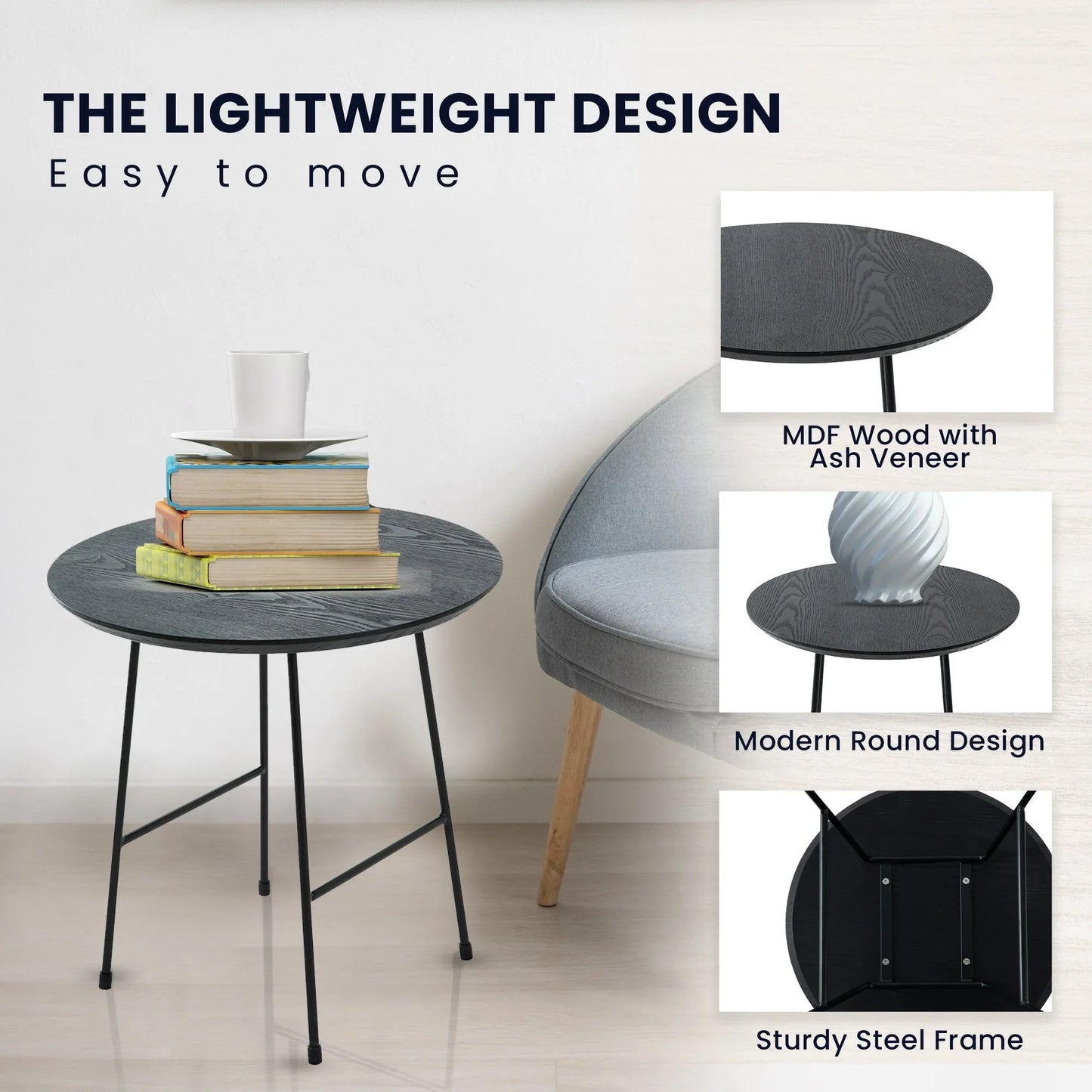 Rossmore Round Side Table with MDF Wood Tabletop in Black Steel - Elax Furniture