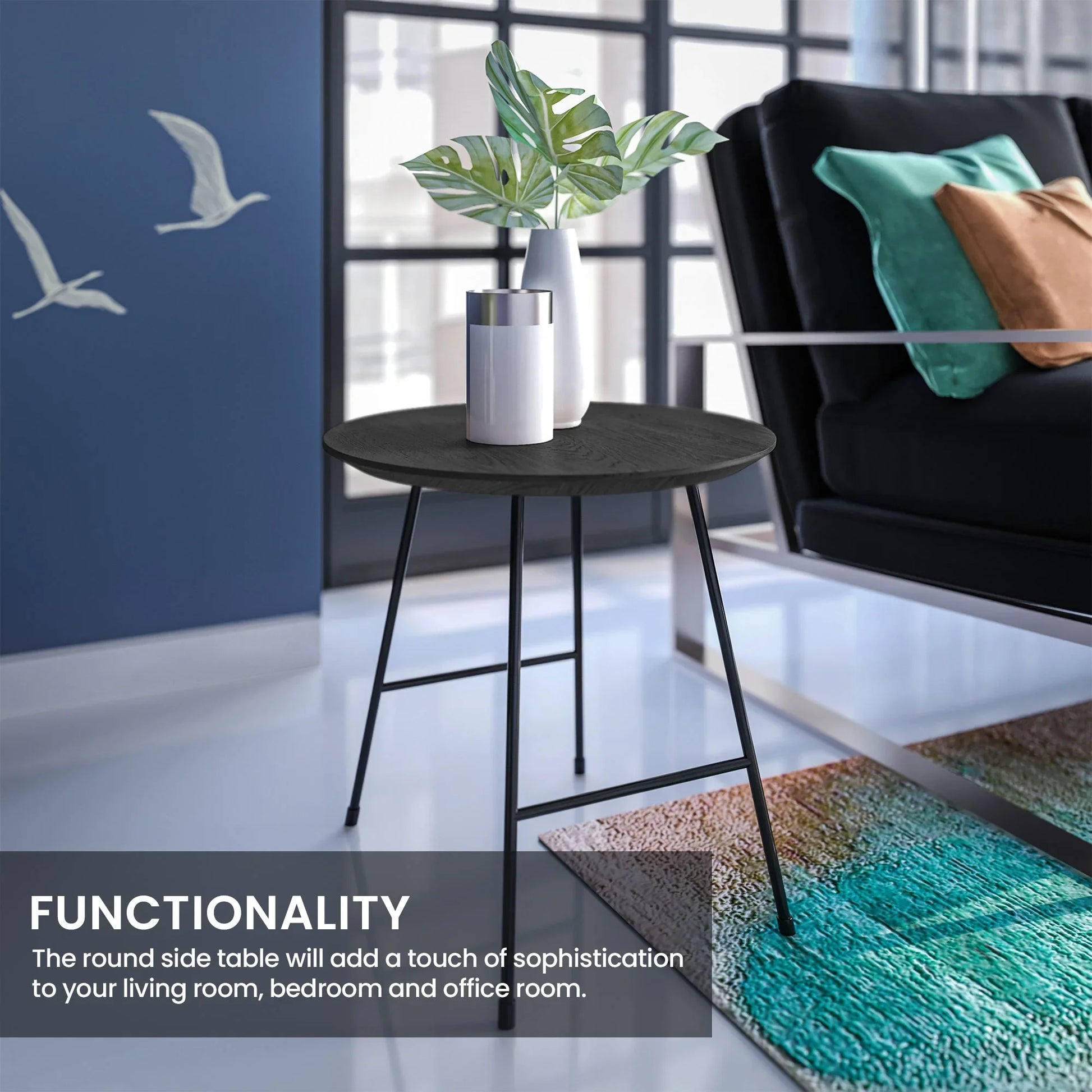 Rossmore Round Side Table with MDF Wood Tabletop in Black Steel - Elax Furniture