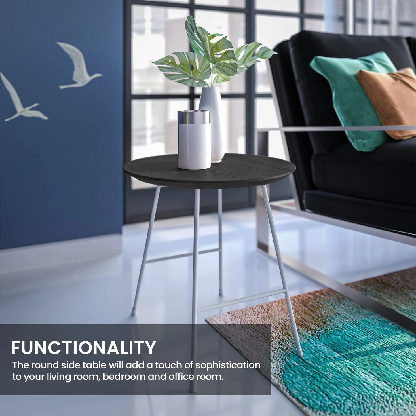 Rossmore Round Side Table with MDF Wood Tabletop in White Steel - Elax Furniture