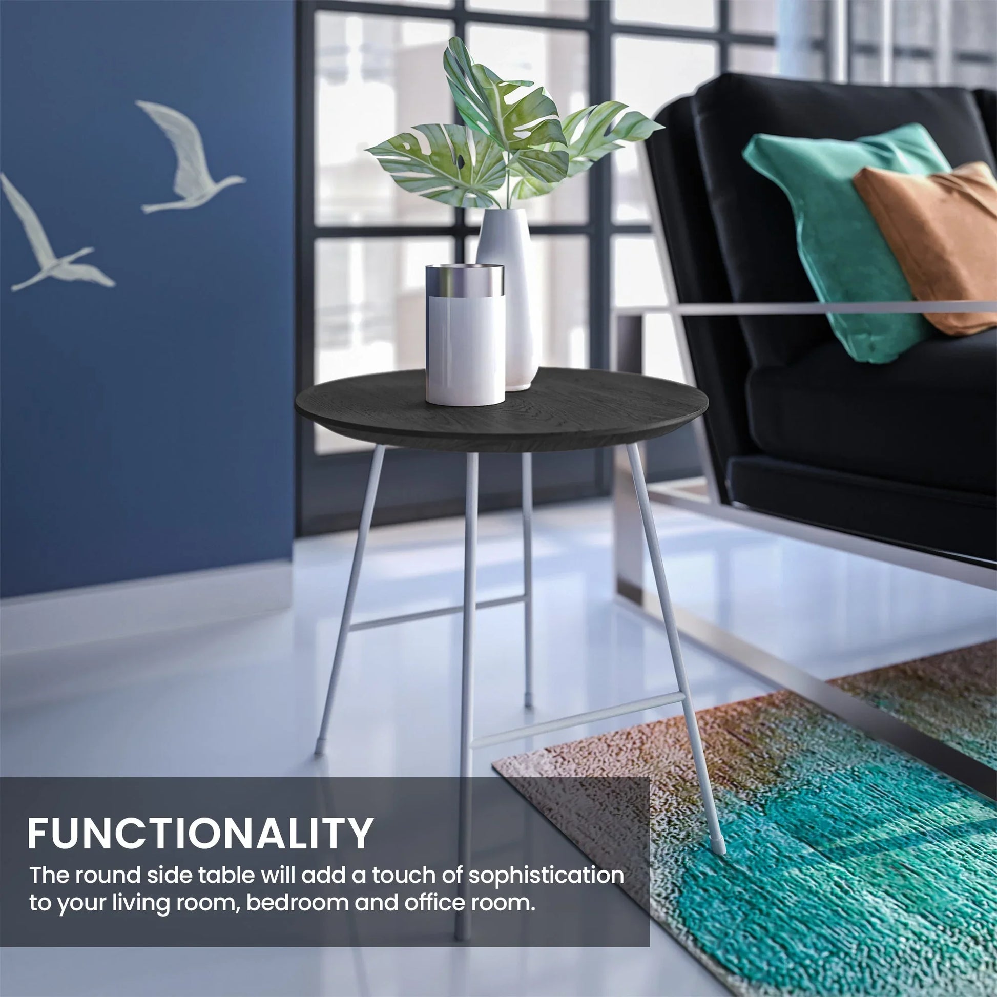 Rossmore Round Side Table with MDF Wood Tabletop in White Steel - Elax Furniture