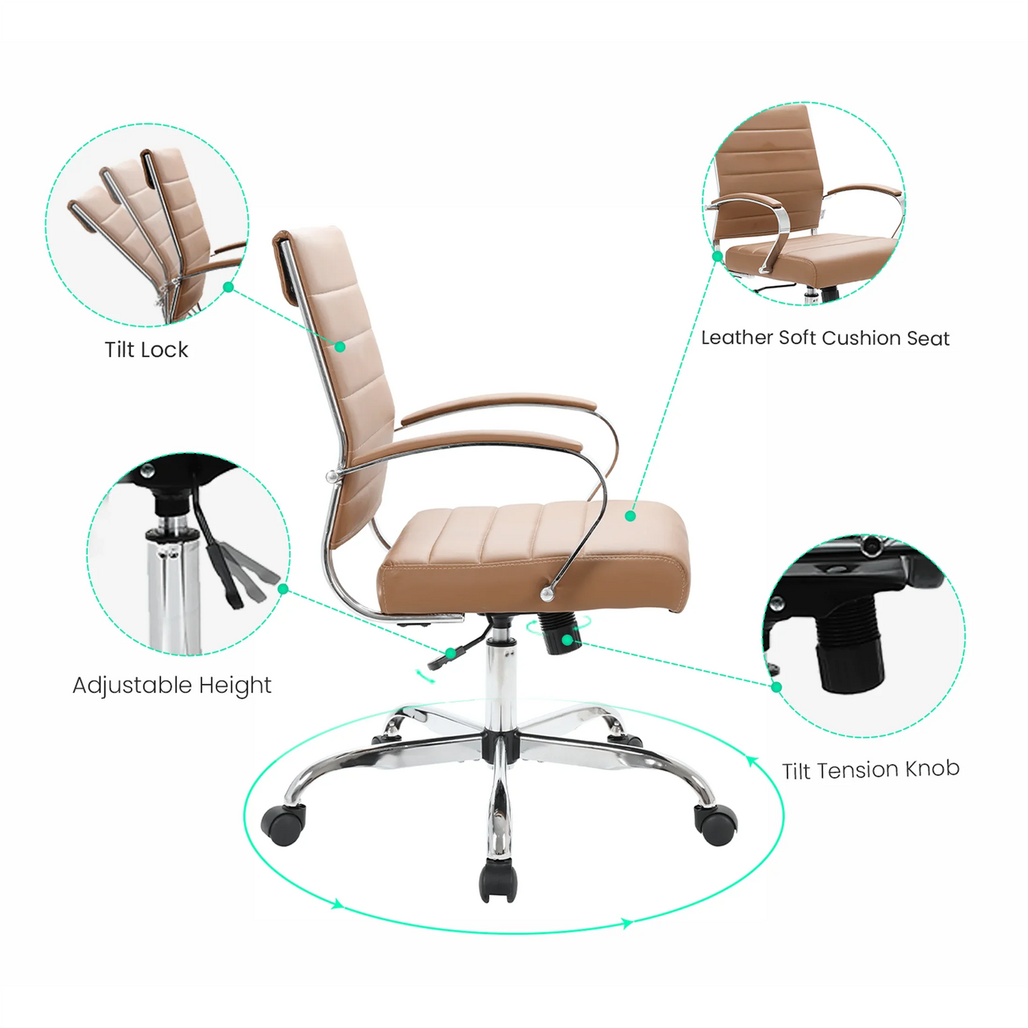 Benmar Mid-Back Leather Office Conference Chair Adjustable Height, Swivel, and Tilt - Elax Furniture