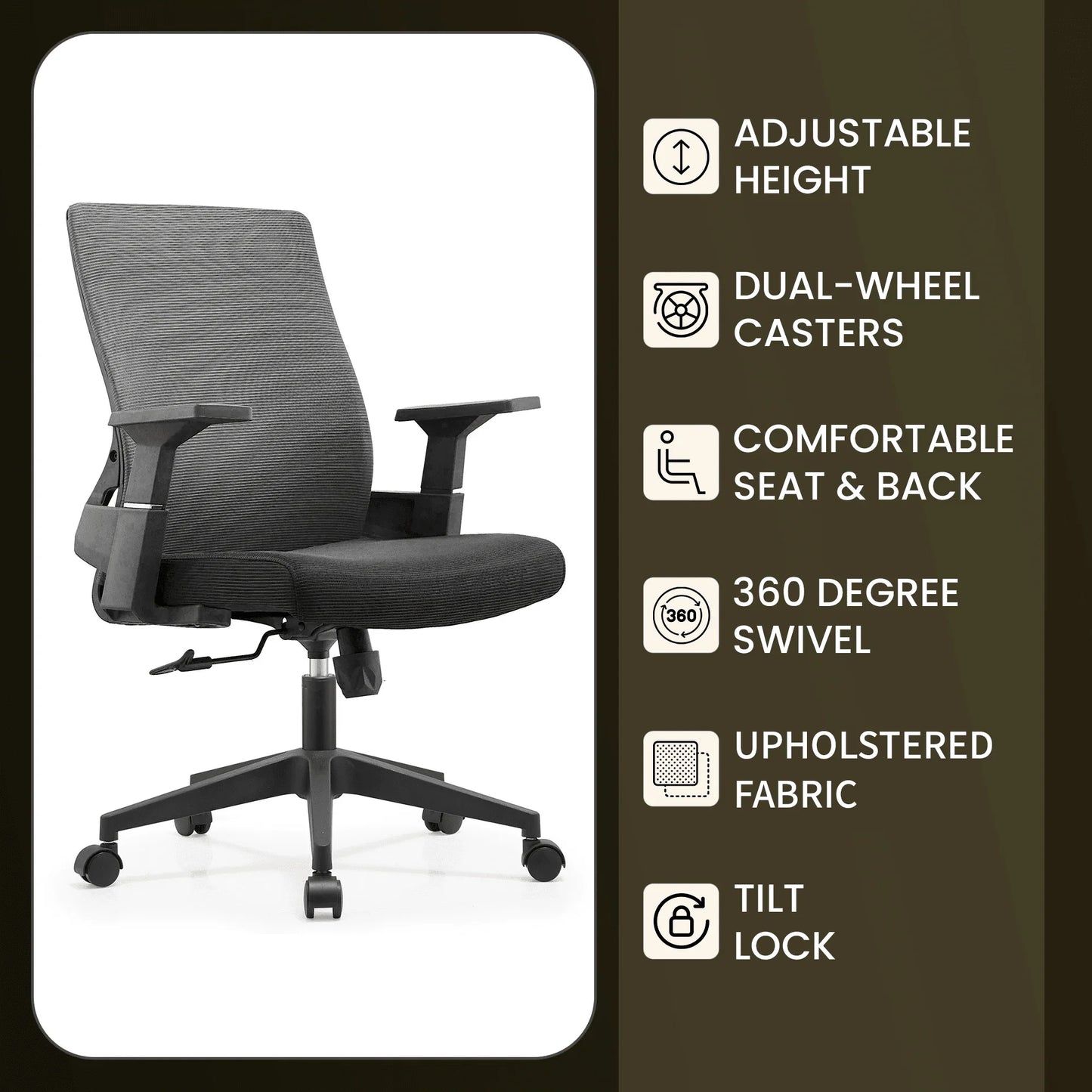 Brio Mid-Back Adjustable Office Chair Upholstered in Cotton - Elax Furniture