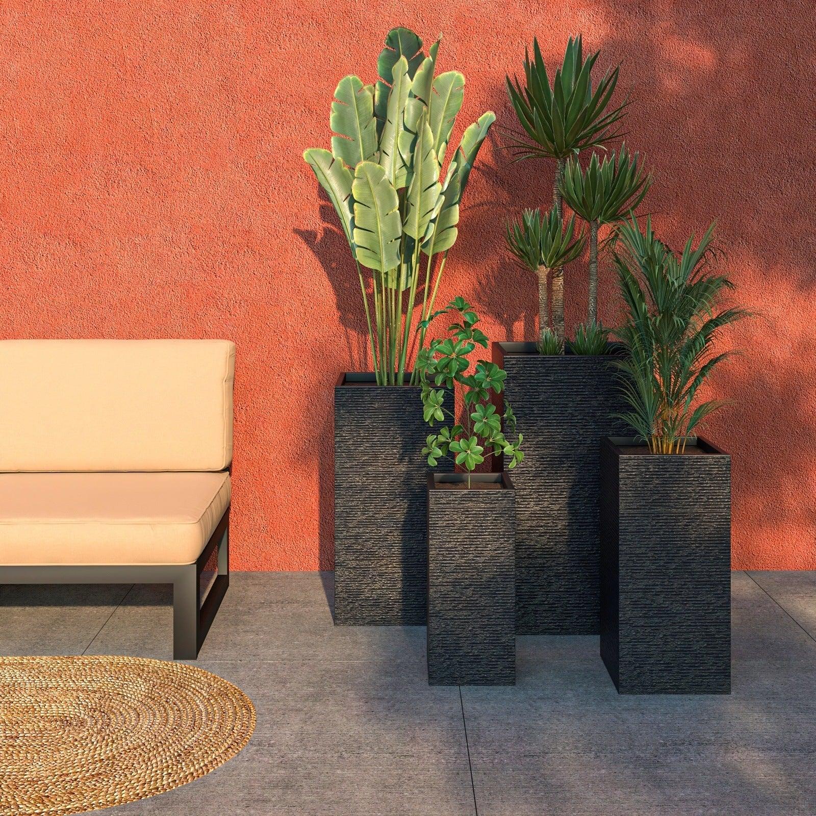 Basalt 4-Piece Fiberstone and MGO Clay Planter Set, Mid-Century Modern Tall Square Planter Pot for Indoor and Outdoor - Elax Furniture