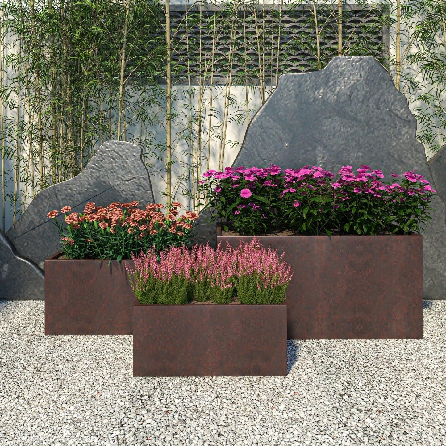 Bloom 3-Piece Modern Fiberstone and MGO Clay Rectangular Planter Set for Indoor and Outdoor - Elax Furniture